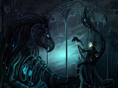 Dark Gothic Fantasy Black Haired Fantasy Wallpaper 4K 3865x2899 A, Dark, Gothic, Fantasy, Scene, Featuring, Black-haired, Figure, Long, Hair, Interacting, Large, Brown, Gray, Landscape, 4K