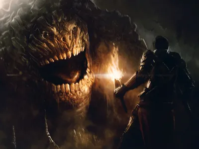 Dark Fantasy Warrior Black/Dark Wallpaper 4K 3600x2700 A, Dark, Fantasy, Warrior, Holding, Torch, Faces, Massive, Menacing, Creature, Shadowy, Intense, Brown, Orange, Landscape, QHD