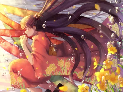 Misty Anime Wallpaper Abstract Wallpaper 4K 1920x1440 Hd, Anime, Original, Artwork, Of, A, Girl, In, Kimono, Surrounded, Floating, Bubbles, Orange, Brown, Red, Landscape, Full HD