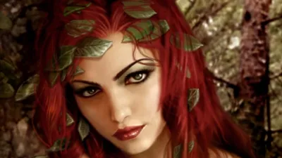Sleek Red Wallpaper Fantasy Wallpaper 4K 1920x1080 Hd, Desktop, Wallpaper:, Features, A, Red-haired, Fantasy, Woman, Adorned, Leaves, Set, Against, Gray, Ultrawide, Full HD