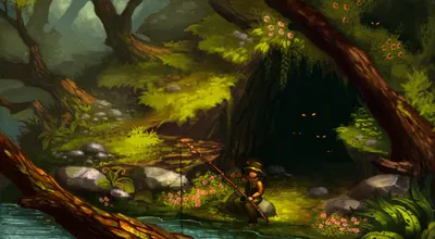 Golden Artistic Wallpaper Animals Wallpaper 4K 2000x1100 Artistic, Painting, Of, A, Person, Fishing, By, Woodsy, Cave, Entrance, Glowing, Eyes, Brown, Yellow, Purple, Ultrawide, Full HD