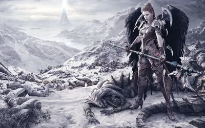 Fantasy Warrior Wings Stands Amidst Nature Wallpaper 4K 1920x1200 A, Fantasy, Warrior, With, Wings, Stands, Amidst, Defeated, Creatures, Snowy, Mountain, Battlefield, White, Gray, Ultrawide, Full HD