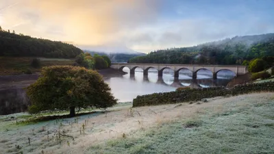 Moody Foggy Wallpaper Nature Wallpaper 4K 2048x1152 A, Foggy, Landscape, With, Calm, River, Flowing, Beneath, Stone, Bridge, Surrounded, Mist-covered, White, Ultrawide, Full HD