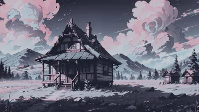 Calm Digital Wallpaper Nature Wallpaper 4K 3840x2160 4K, Ultra, Hd, Digital, Painting, Landscape, Illustration, A, Moody, Rural, Cabin, Gray, Ultrawide