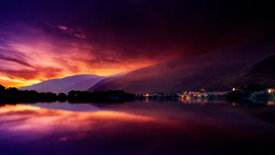 Dark Landscape Wallpaper Nature Wallpaper 4K 1920x1080 Hd, Landscape, Photography, Of, A, Vibrant, Sunset, Over, Calm, Water, Silhouetted, Hills, Brown, Red, Ultrawide, Full HD