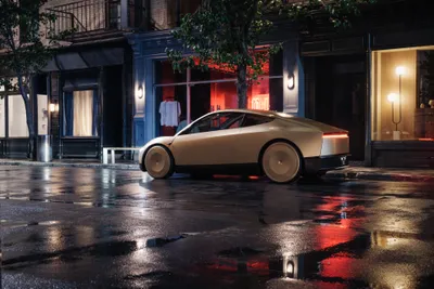 Dreamy Sleek Wallpaper Technology Wallpaper 4K 3840x2560 A, Sleek, Tesla, Robotaxi, Known, As, The, Cybercab, Parked, Rain-soaked, Street, Reflecting, Gray, Brown, Landscape, 4k