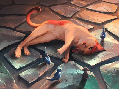 Vivid Fantasy Wallpaper Animals Wallpaper 4K 4000x3000 A, Fantasy, Hd, Desktop, Wallpaper:, Featuring, Relaxed, Cat, Lying, Stone, Path, Small, Pink, Gray, Orange, Landscape, 4k