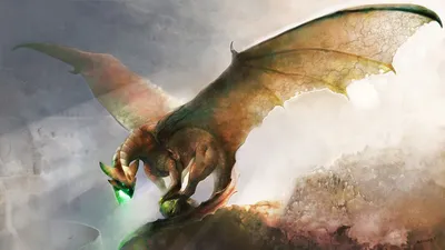 Fantasy Dragon Glowing Green Fantasy Wallpaper 4K 1920x1080 Fantasy, Dragon, With, Glowing, Green, Gem, Wings, Spread, Over, Misty, Cliff, Desktop, White, Gray, Ultrawide, Full HD