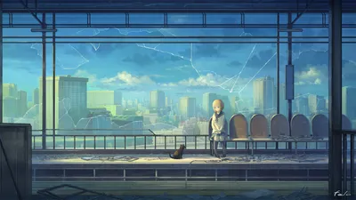 Bold Anime Wallpaper World Wallpaper 4K 1920x1080 Anime-style, Wallpaper, Featuring, A, Cityscape, Viewed, Through, Broken, Glass, Cat, Sits, Beside, Gray, Brown, Ultrawide, Full HD