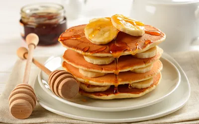Stack Golden Pancakes Topped Banana Abstract Wallpaper 4K 1920x1200 Hd, Desktop, Wallpaper, Of, A, Stack, Golden, Pancakes, Topped, Banana, Slices, Drizzled, White, Ultrawide, Full HD