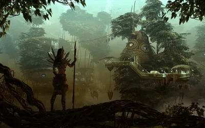 Fantasy Woman Warrior Stands Spear Nature Wallpaper 4K 1920x1200 A, Fantasy, Woman, Warrior, Stands, With, Spear, Gazing, Mystical, Village, Nestled, Among, Gray, White, Ultrawide, Full HD