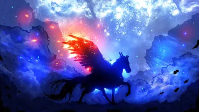 Majestic Winged Horse Silhouetted Vibrant Space Wallpaper 4K 2560x1440 A, Majestic, Winged, Horse, Silhouetted, Against, Vibrant, Starry, Sky, Showcasing, Blend, Blues, White, Ultrawide, QHD