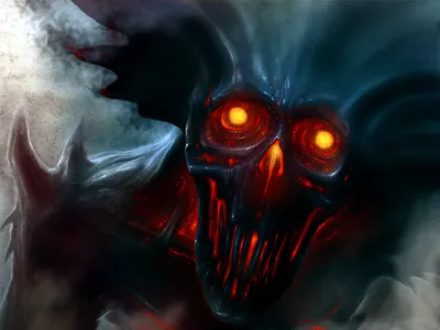 Dark Themed Demon Black/Dark Wallpaper 4K 1920x1440 A, Dark-themed, Demon, With, Glowing, Orange, Eyes, And, Menacing, Skull-like, Face, Emerges, Gray, Landscape, Full HD
