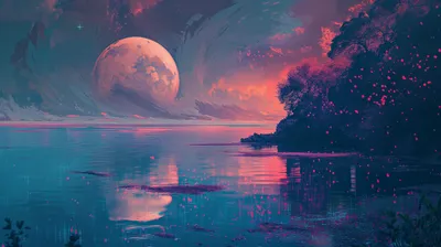 Artistic Vibrant Landscape Giant Nature Wallpaper 4K 2912x1632 Artistic, Hd, Desktop, Wallpaper, Featuring, A, Vibrant, Landscape, Giant, Moon, Over, Serene, Gray, Ultrawide, QHD