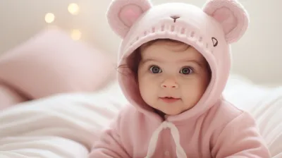 Vivid Charming Wallpaper Abstract Wallpaper 4K 2912x1632 A, Charming, Baby, In, Pink, Bear, Hoodie, Smiles, Surrounded, Soft, Cozy, Environment, White, Ultrawide, QHD