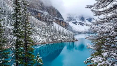Serene Winter Moraine Lake Nature Wallpaper 4K 3840x2160 A, Serene, Winter, Scene, At, Moraine, Lake, Canada, Featuring, Snow-covered, Mountains, Tranquil, White, Ultrawide, 4k