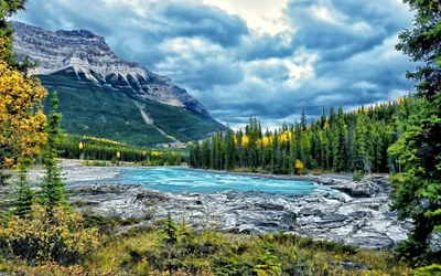 Moody Athabasca Wallpaper Nature Wallpaper 4K 2560x1600 Stunning, View, Of, Athabasca, Falls, Showcasing, A, Vibrant, Landscape, Turquoise, Waters, Rocky, Pink, Gray, Ultrawide, QHD