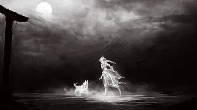 Misty Dark Wallpaper Animals Wallpaper 4K 2800x1575 A, Dark, And, Ethereal, Scene, Captures, Ghostly, Woman, Walking, Alongside, Spectral, Dog, Gray, Ultrawide, QHD