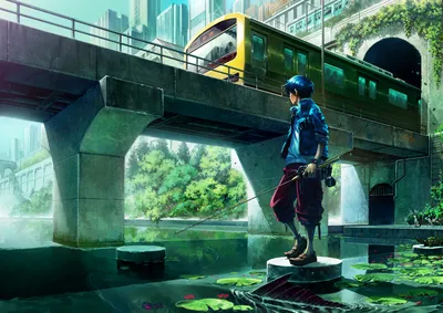 Misty Anime Wallpaper Animals Wallpaper 4K 1920x1356 Anime, Boy, Fishing, By, A, Serene, River, Under, Bridge, Passing, Yellow, Train, Gray, White, Landscape, Full HD