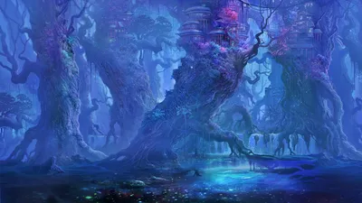 Vibrant Fantasy Landscape Glowing Blue Nature Wallpaper 4K 2000x1125 A, Vibrant, Fantasy, Landscape, With, Glowing, Blue, And, Purple, Hues, Featuring, Towering, Brown, Red, Ultrawide, Full HD