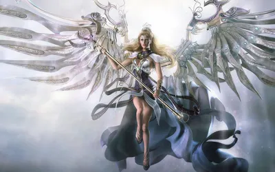 Majestic Angel Flowing Wings Shining Fantasy Wallpaper 4K 1920x1200 A, Majestic, Angel, With, Flowing, Wings, And, Shining, Staff, Soars, Gracefully, Through, White, Ultrawide, Full HD