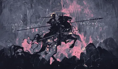 Dark Digital Wallpaper Animals Wallpaper 4K 3000x1766 Digital, Art, Painting, Illustration, Artwork, Landscape, Silhouetted, Armored, Rider, Horseback, Thrusts, Gray, Ultrawide, QHD