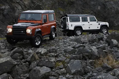 Epic Two Wallpaper Abstract Wallpaper 4K 3900x2600 Two, Land, Rover, Defender, Suvs, One, Orange, And, White, Parked, Rocky, Terrain, Gray, Landscape, 4k