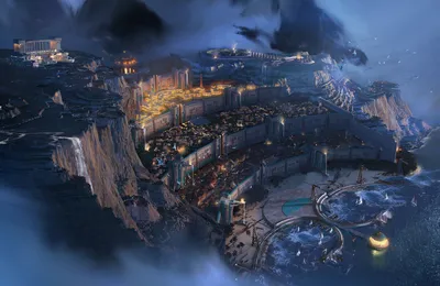 Fantasy Cityscape Night World Wallpaper 4K 1920x1251 Hd, Fantasy, Cityscape, At, Night, Perched, On, Cliffs, Glowing, Lights, Surrounded, Mist, Brown, Ultrawide, Full HD