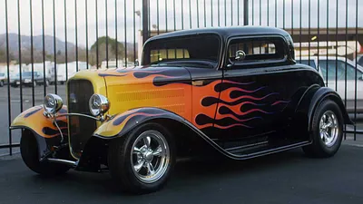 Dark Classic Wallpaper Cars Wallpaper 4K 1920x1080 Classic, Hot, Rod, Car, Black, Coupe, With, Yellow-to-orange, Flame, Paint, Chrome, White, Ultrawide, Full HD