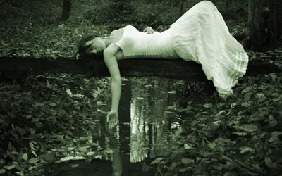 Gothic Model Flowing Black/Dark Wallpaper 4K 1680x1050 A, Gothic, Model, In, Flowing, White, Dress, Lies, Log, Above, Tranquil, Water, Ultrawide