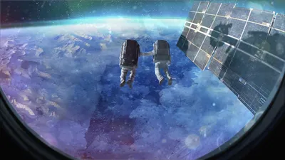 Two Astronauts Floating Near Space Space Wallpaper 4K 1920x1080 Hd, Pc, Desktop, Wallpaper, Of, Two, Astronauts, Floating, Near, Space, Station, Stars, Gray, Brown, Ultrawide, Full HD