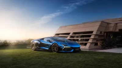 Blue Sports Car Grass Beside Cars Wallpaper 4K 3840x2160 Blue, Lamborghini, Sports, Car, On, Grass, Beside, A, Modern, Building, Sunset, Vibrant, White, Gray, Brown, Ultrawide, 4k