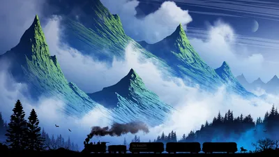 Fantasy Landscape Towering Misty Nature Wallpaper 4K 1920x1080 A, Fantasy, Landscape, Featuring, Towering, Misty, Mountains, Under, Cloudy, Sky, Train, Emitting, White, Ultrawide, Full HD