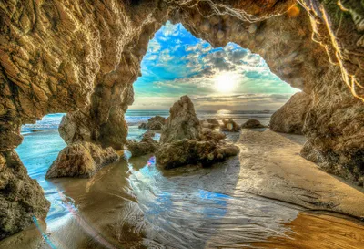 Hdr Sunrise Ocean Viewed Nature Wallpaper 4K 2048x1401 Hdr, Image, Of, A, Sunrise, Over, The, Ocean, Viewed, Beach, Cave, Sky, Brown, Gray, Landscape, Full HD