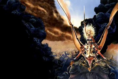 Fierce Woman Warrior Brandishes Sword Nature Wallpaper 4K 1600x1064 A, Fierce, Woman, Warrior, Brandishes, Sword, While, Riding, Massive, Bird, Through, Dark, Pink, Gray, Ultrawide