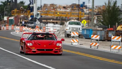 Vibrant Red Wallpaper Cars Wallpaper 4K 5120x2881 Red, Ferrari, Sports, Car, Driving, Past, Construction, Barriers, Urban, Street, Ultra, Desktop, White, Ultrawide, 4k
