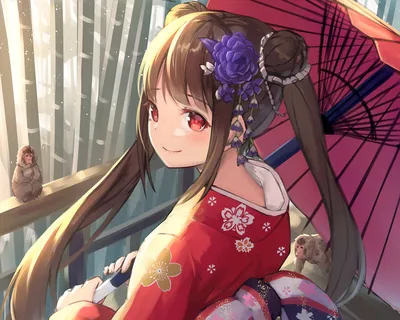Anime Girl Long Nature Wallpaper 4K 1920x1536 Anime, Girl, With, Long, Brown, Hair, Red, Eyes, Purple, Flower, Her, Wearing, Gray, White, Square, Full HD
