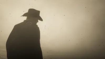 Silhouetted Cowboy Red Dead Nature Wallpaper 4K 3840x2160 Silhouetted, Cowboy, From, Red, Dead, Redemption, 2, Against, Foggy, Muted, Rendered, Ultra, White, Ultrawide, 4k