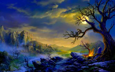 Dark Fantasy Wallpaper Nature Wallpaper 4K 1920x1200 Hd, Fantasy, Landscape, Wallpaper, Featuring, A, Glowing, Moon, Gnarled, Tree, Misty, Mountainous, Orange, Gray, Ultrawide, Full HD