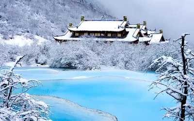 Snow Covered Temple Nature Wallpaper 4K 1920x1200 Snow-covered, Temple, Beside, A, Frozen, Lake, In, Winter, Surrounded, Snow-laden, Trees, China, White, Pink, Gray, Ultrawide, Full HD