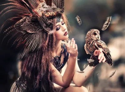 Woman Wearing Feathered Headdress Abstract Wallpaper 4K 2000x1478 A, Woman, Wearing, Feathered, Headdress, Adorned, With, Lipstick, Holds, Owl, Feathers, Float, Gray, Brown, Landscape, Full HD