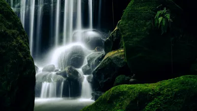 Vibrant Serene Wallpaper Nature Wallpaper 4K 3840x2160 A, Serene, Waterfall, Cascades, Over, Mossy, Rocks, Into, Tranquil, Lake, Surrounded, Lush, Gray, Ultrawide, 4k