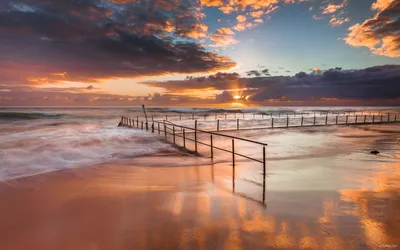 Vibrant Ocean Wallpaper Nature Wallpaper 4K 1920x1200 A, Stunning, Ocean, Photograph, Featuring, Sunset, Reflected, Water, Weathered, Railing, Leading, Horizon, Brown, Gray, Ultrawide, Full HD