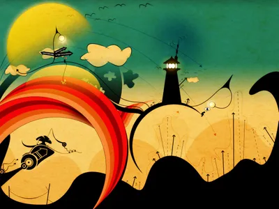 Abstract Artistic Depiction Lighthouse Amidst Abstract Wallpaper 4K 1600x1200 An, Abstract, Artistic, Depiction, Of, A, Lighthouse, Amidst, Vibrant, Waves, Colorful, Elements, Purple, Orange, Landscape