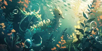 Stylized Seahorse Swimming Amid Nature Wallpaper 4K 2912x1464 Hd, Wallpaper, Of, A, Stylized, Seahorse, Swimming, Amid, Vibrant, Underwater, Flora, Light, Gray, Ultrawide, QHD