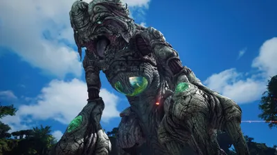 Sleek Giant Wallpaper Games Wallpaper 4K 3840x2160 Giant, Stone-and-wood, Creature, With, Glowing, Green, Cores, Against, Blue, Sky, Final, Fantasy, Red, Ultrawide, 4K