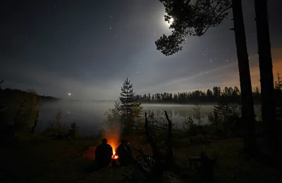 Two People Sit Bonfire Nature Wallpaper 4K 3500x2265 Two, People, Sit, By, A, Bonfire, Near, Lake, Surrounded, Forest, Under, Starry, Gray, Ultrawide, QHD