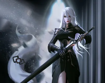 Radiant White Wallpaper Fantasy Wallpaper 4K 1920x1513 A, White-haired, Woman, Warrior, With, Long, Hair, Grips, Sword, Standing, Confidently, Dark, White, Gray, Square, Full HD