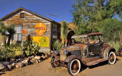 Vintage Weathered Car Near Rustic Nature Wallpaper 4K 1920x1200 A, Vintage, Scene, Featuring, Weathered, Car, Parked, Near, Rustic, Wooden, Building, Adorned, Brown, Gray, Ultrawide, Full HD