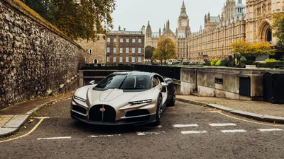 Vibrant Sleek Wallpaper Cars Wallpaper 4K 3240x1823 Sleek, Silver, Bugatti, Tourbillon, Hypercar, Parked, On, A, Historic, London, Street, Beside, White, Ultrawide, QHD